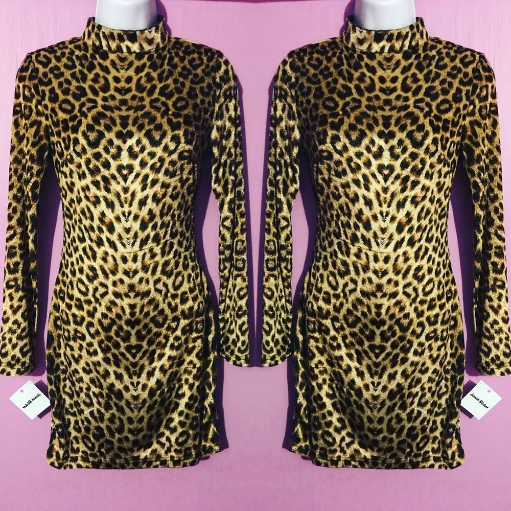Leopard Print Velvet High Neck Bodycon Dress